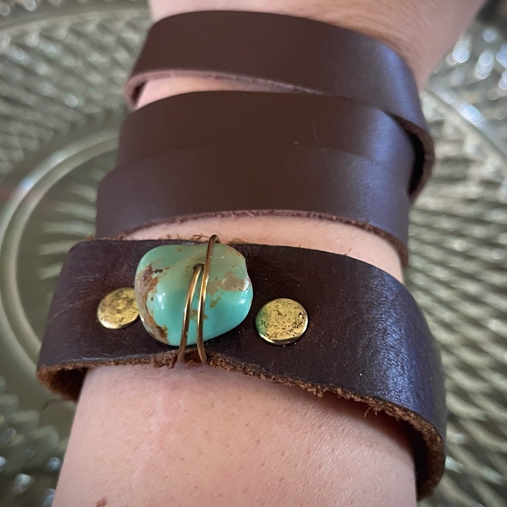 Boho Turquoise Stone Wrap Leather Bracelet and leather band with turquoise gem